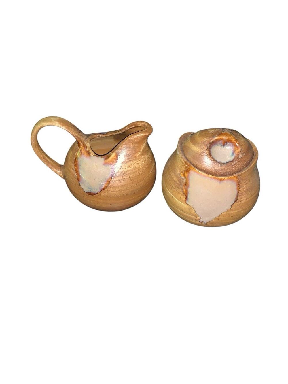 Sango Splash Creamer and Sugar bowl with lid Brown drip glaze Stoneware